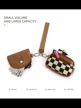 Source Unknown Brown Checkered Mini Wallet Wristlet